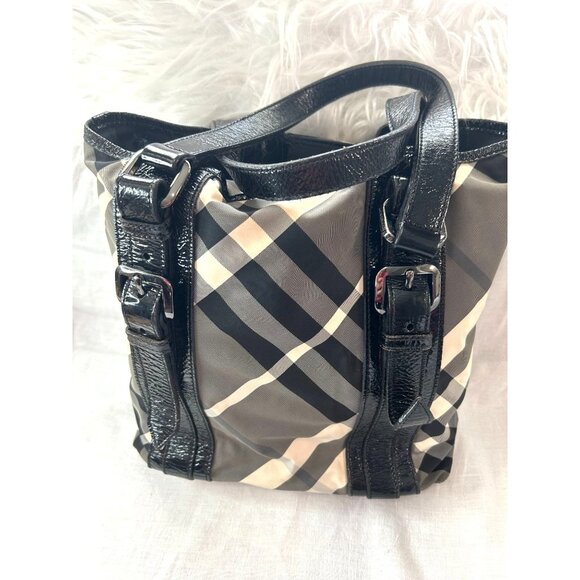 Burberry Lowry Neat Nova Check Nylon & Patent Leather Tote Bag, Black Straps & B - Picture 1 of 16